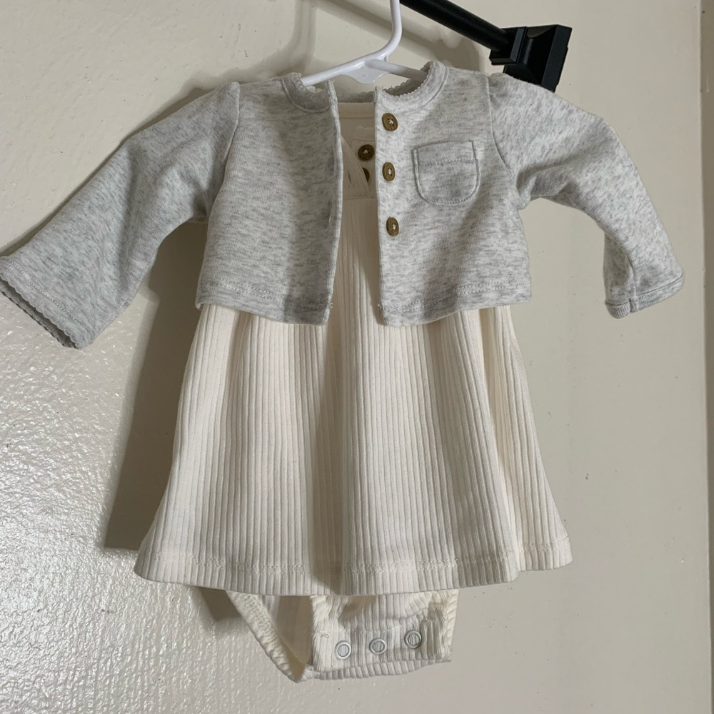 Carter's Newborn Baby Girl Ivory Dress & Grey Cardigan Set